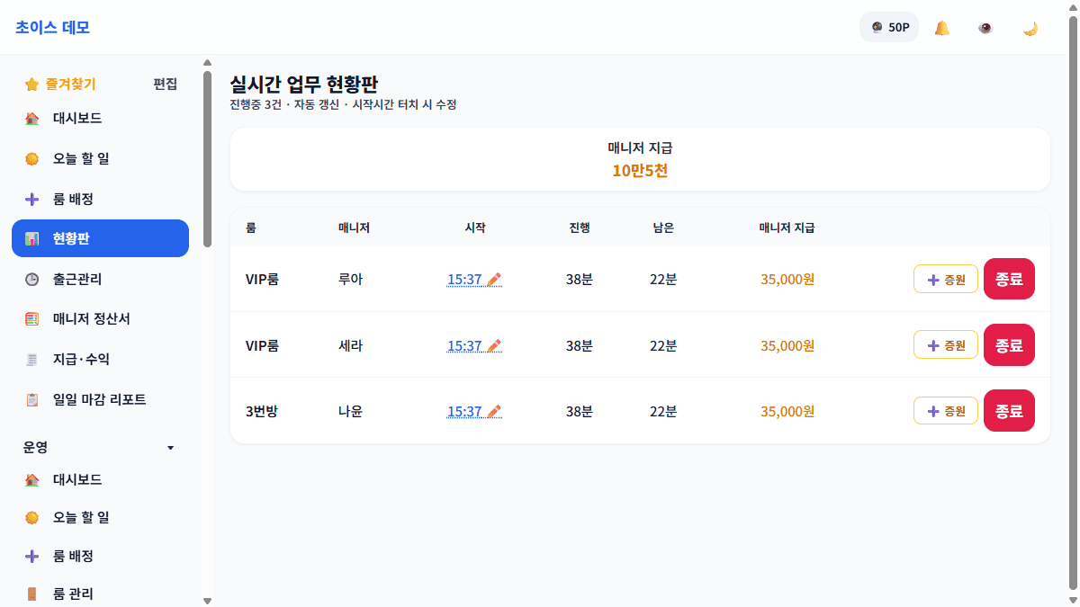 실시간 현황판 — 룸마다 진행 시간과 매니저 지급이 자동 계산